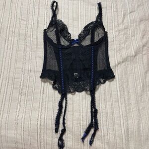 Vintage 90s Black Blue Accent Lace and Mesh Bustier Corset Top with Garter Strap